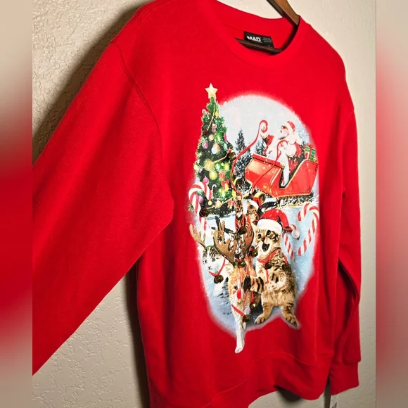 MAD Engine Festive Holiday  Jingle Bell Cat Red Christmas Sweater – Size S (NWT) - Picture 5 of 14